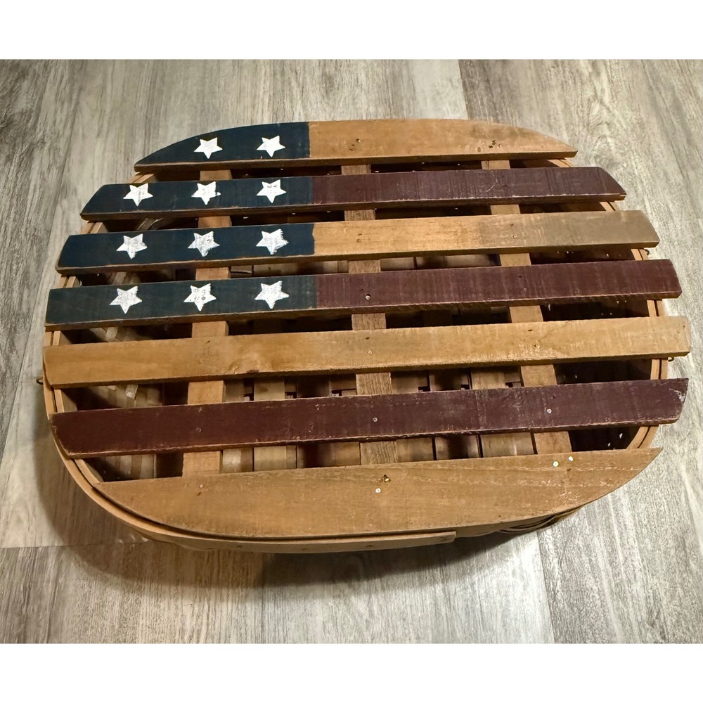 Americana Wooden Picnic Basket Hand Painted American Flag Patriotic Decor 17in